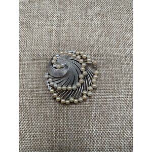 VTG Crown TRIFARI Brooch Silver Tone Pearl Big Swirl Brooch Some Pearls Missing